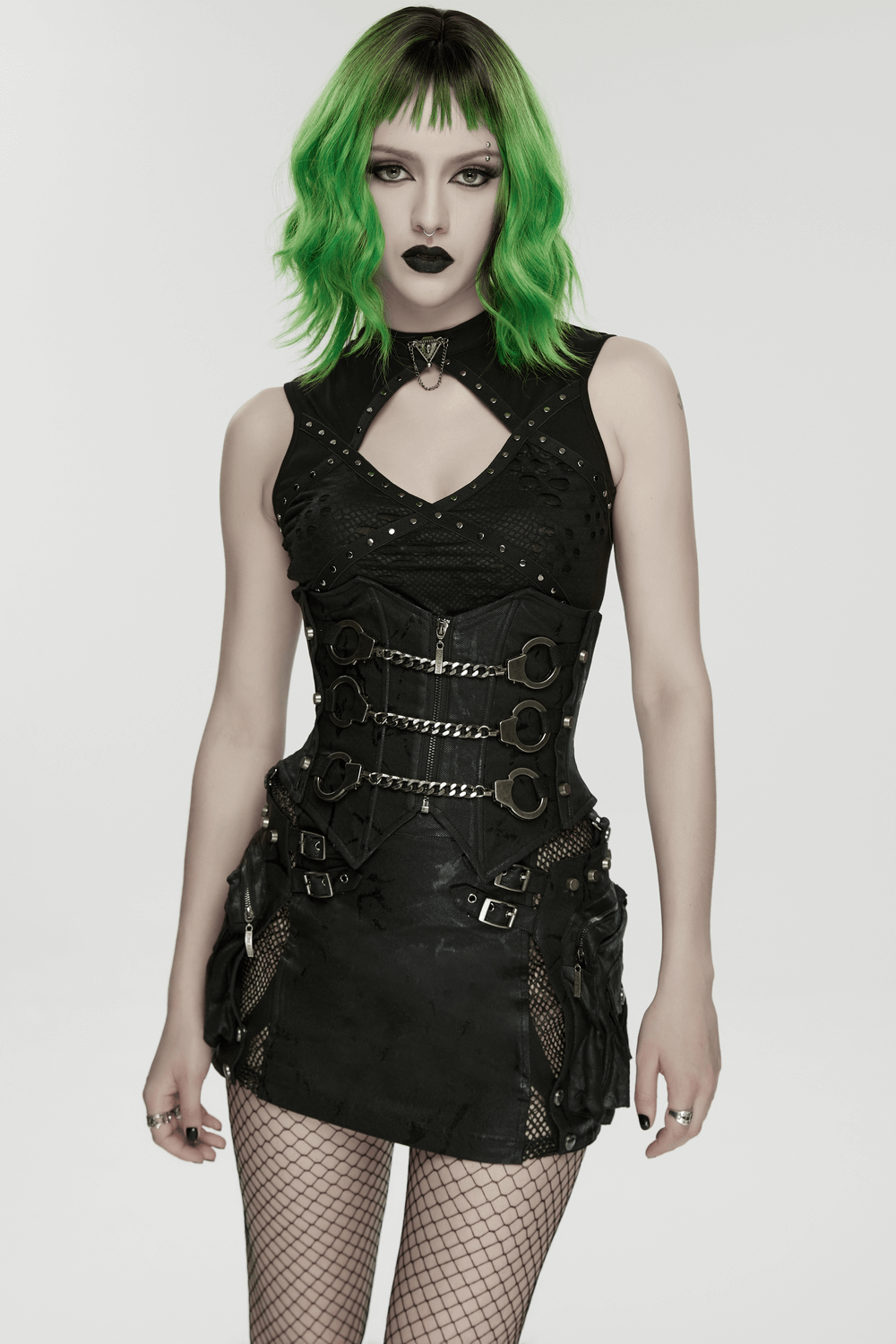 Punk Chain Corset Belt with Zipper and Lace-Up Back showcased on a model with green hair and edgy style.