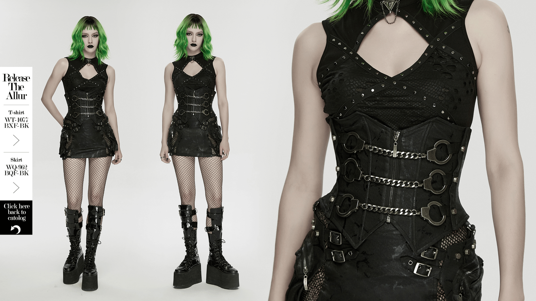 Punk Chain Corset Belt with Zipper and Lace-Up Back showcased on model with green hair and edgy leather outfit.