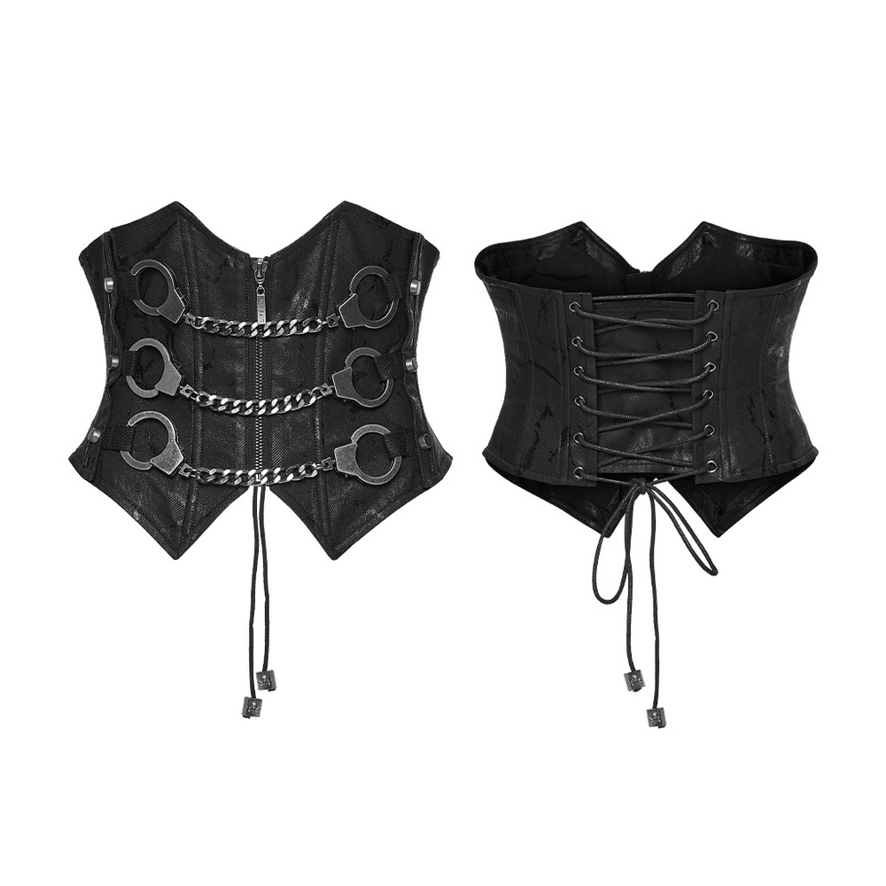 Punk Chain Corset Belt with Zipper and Lace-Up Back showcasing bold design and adjustable fit features.