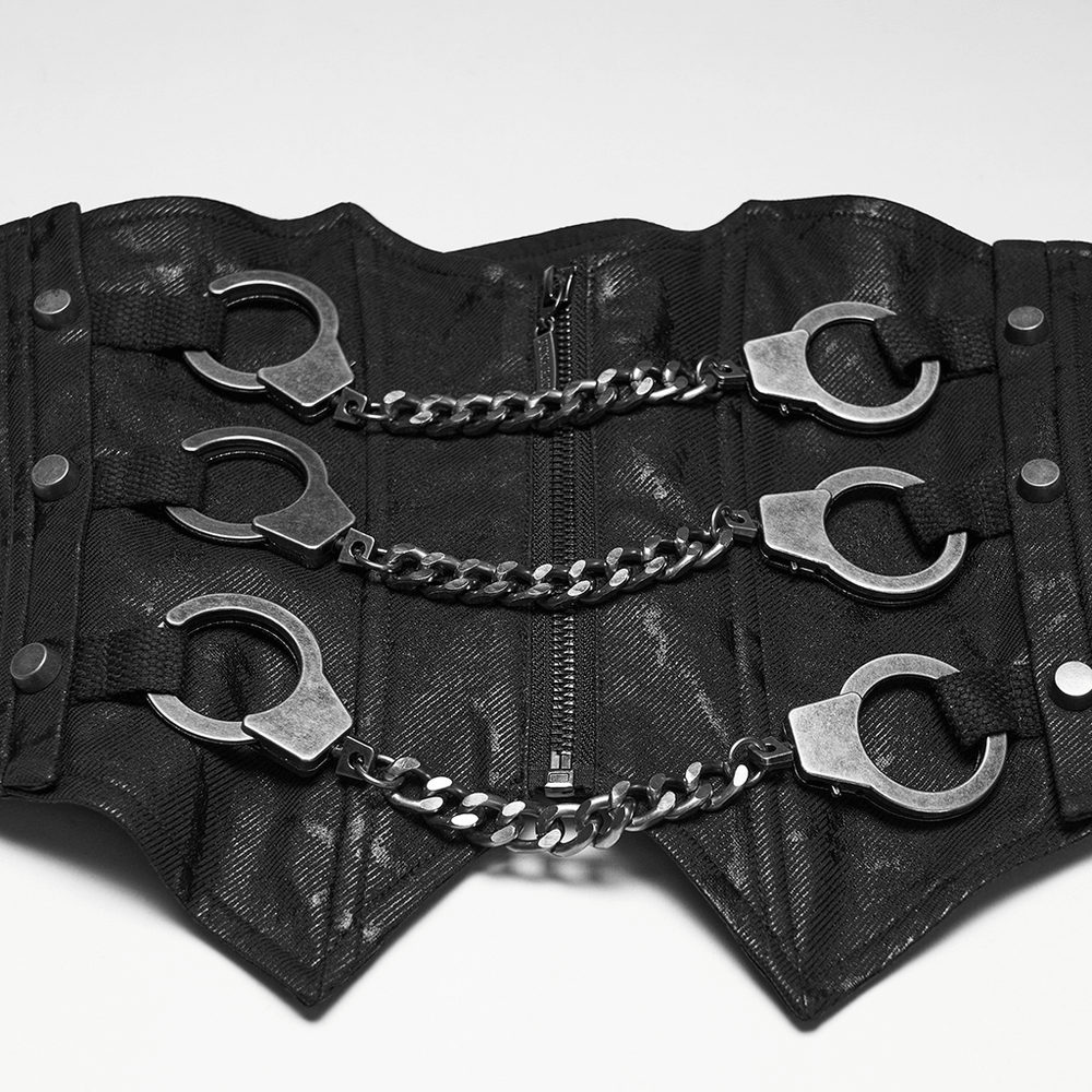 Punk Chain Corset Belt with Zipper and Lace-Up Back featuring metal handcuffs and thick chains.
