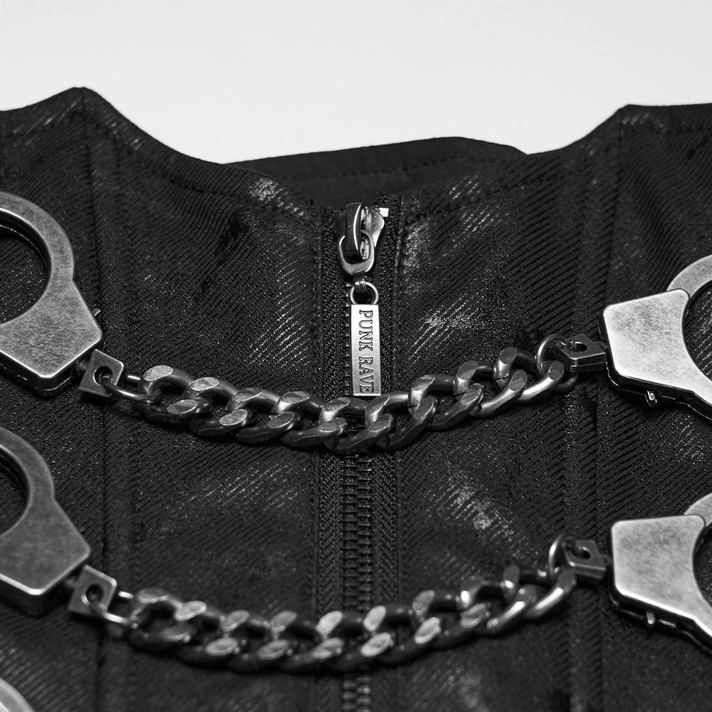 Punk Chain Corset Belt with Zipper and Lace-Up Back showcasing metal handcuffs and bold chain details.