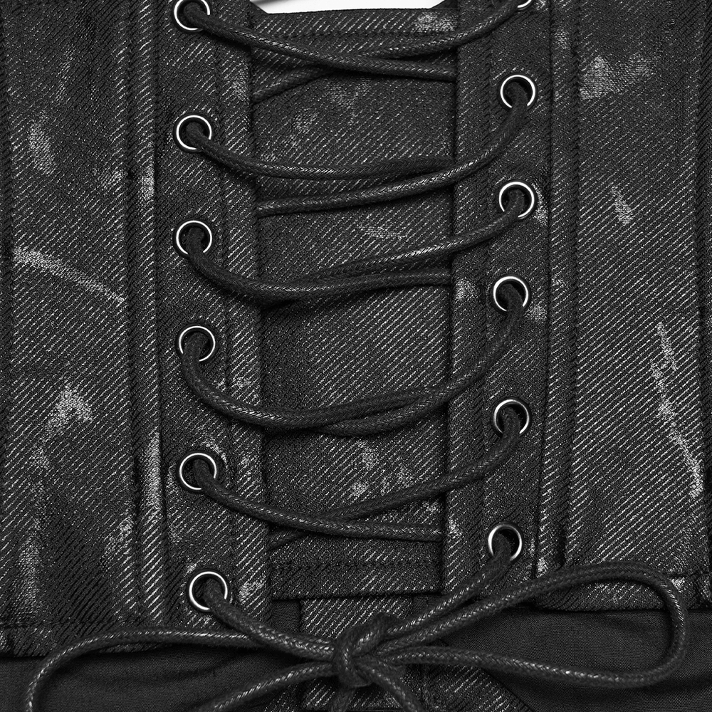 Punk Chain Corset Belt with Zipper and Lace-Up Back detailed lacing design on black twill fabric.