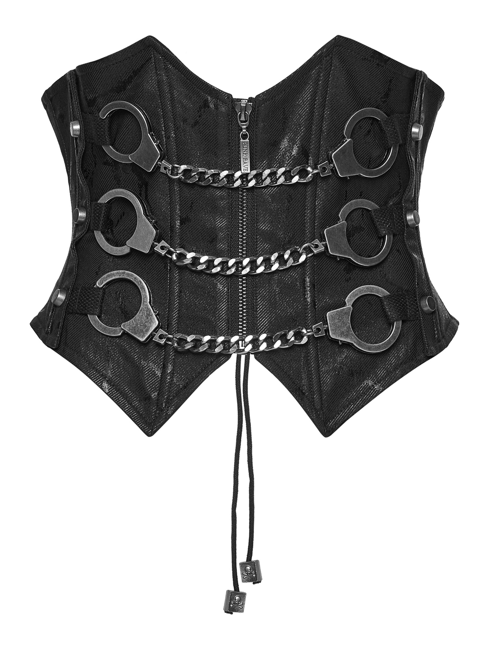 Punk Chain Corset Belt with Zipper and Lace-Up Back featuring metal handcuffs and bold chains.