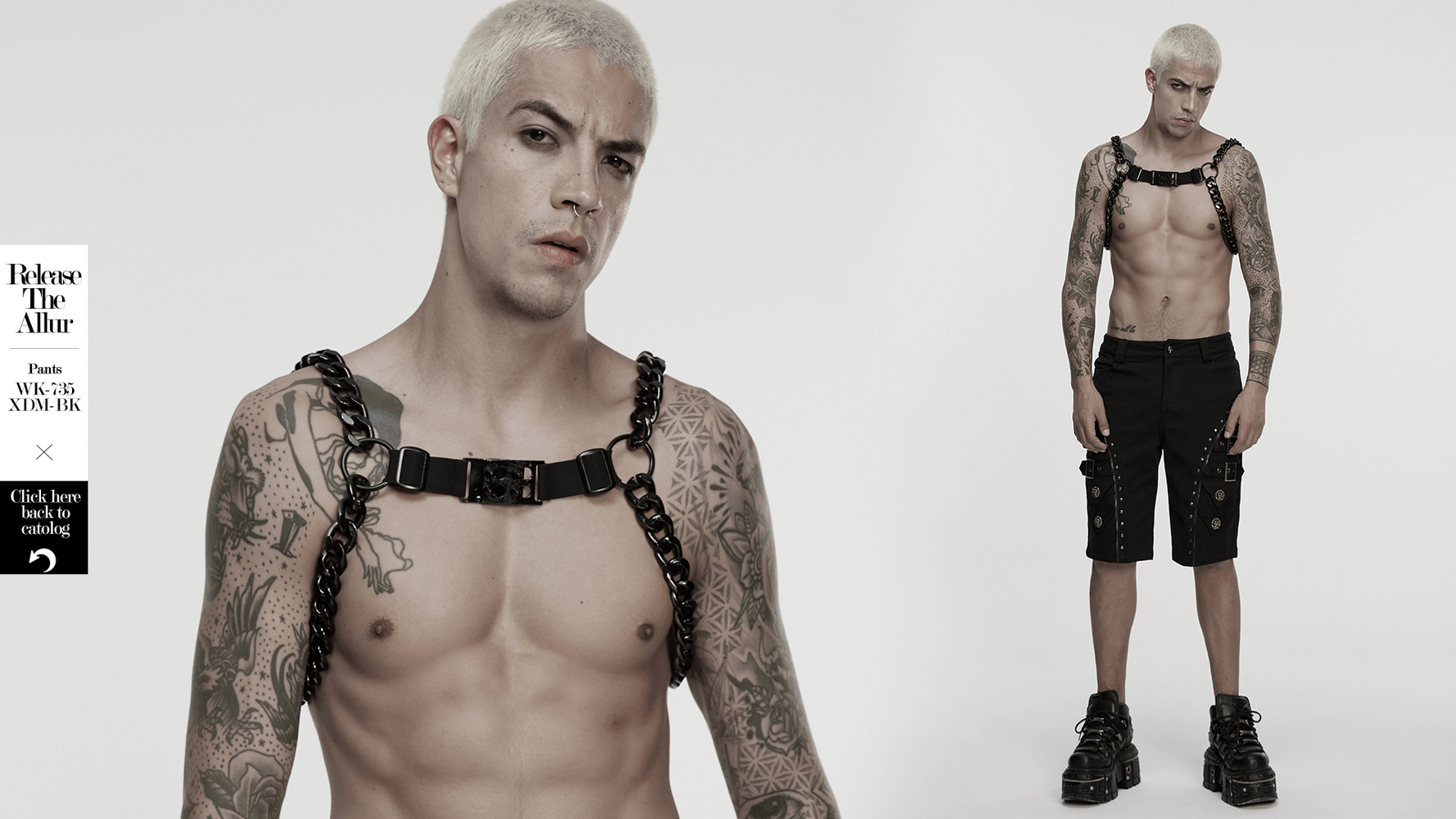 Punk Chain Harness with Adjustable Metal Buckle worn by a model, showcasing edgy style and unique design.