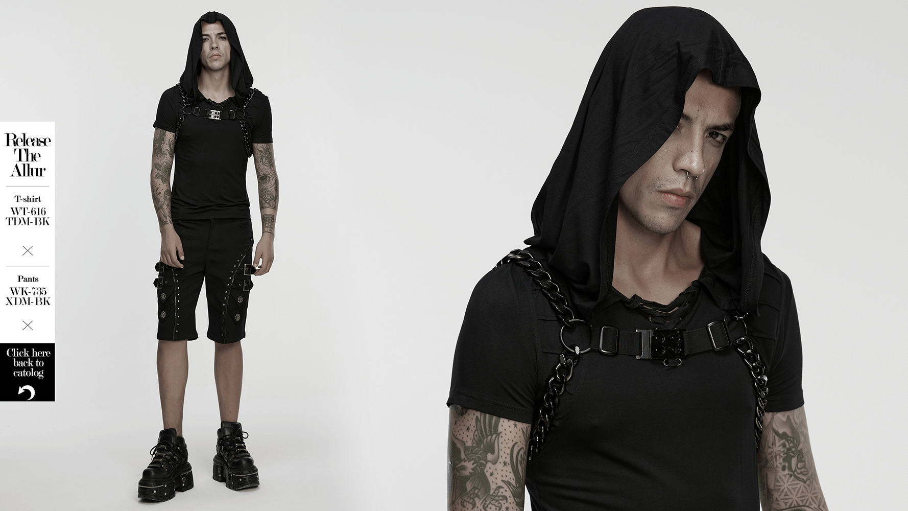 Punk Chain Harness with Adjustable Metal Buckle worn by model, showcasing bold silver-linked design and adjustable straps.