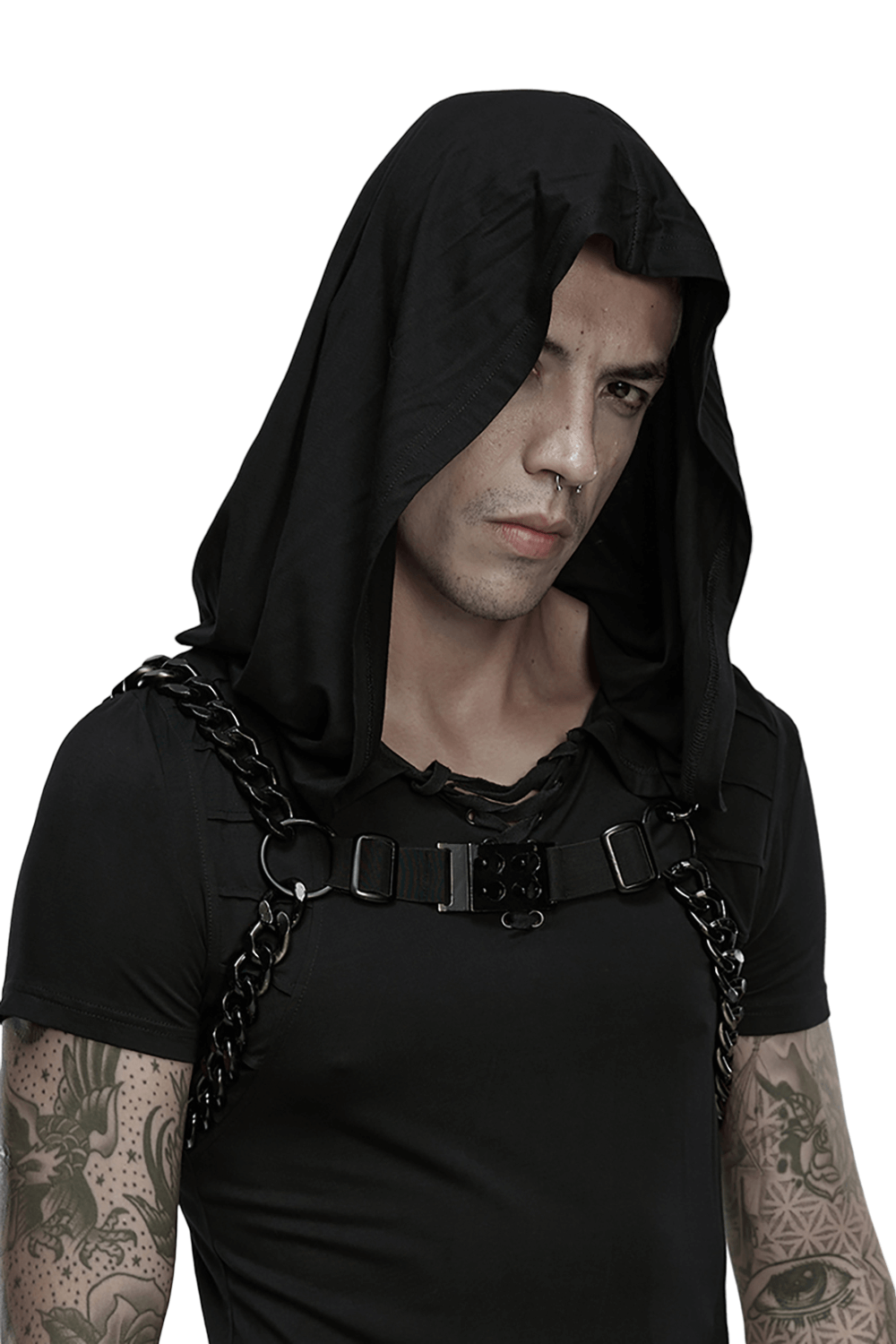 Punk Chain Harness with Adjustable Metal Buckle worn by a model in a dark outfit with a hood.