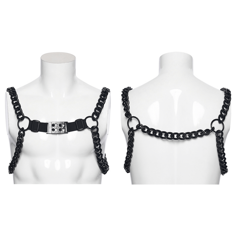Punk Chain Harness with Adjustable Metal Buckle displayed on a mannequin showcasing its bold design and fit.