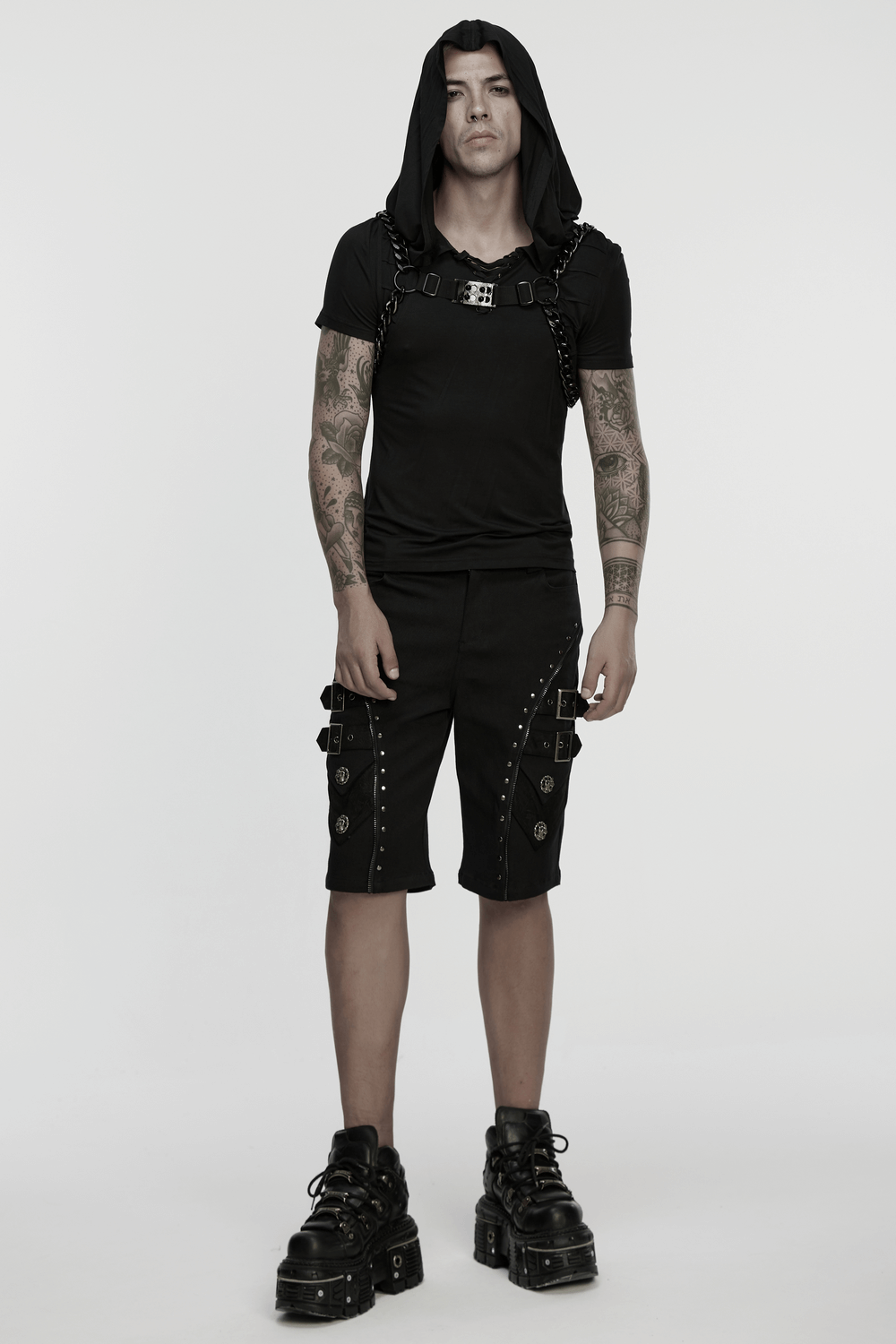 Punk Chain Harness with Adjustable Metal Buckle worn by a model showcasing edgy fashion style.