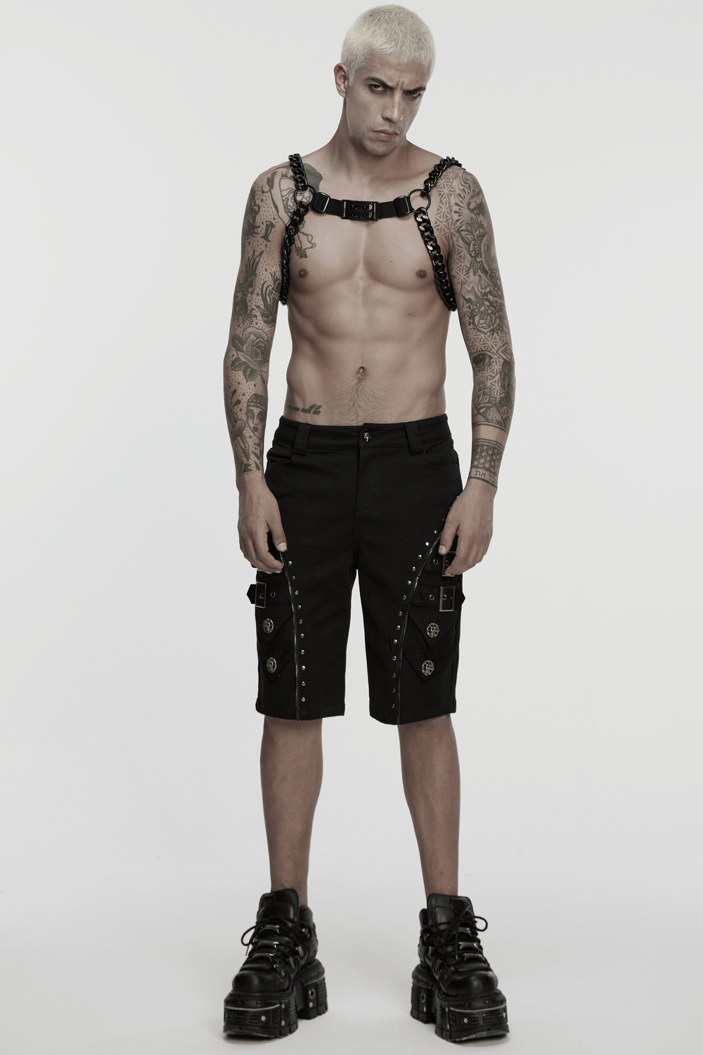 Punk Chain Harness with Adjustable Metal Buckle worn by a model, showcasing a bold punk aesthetic.