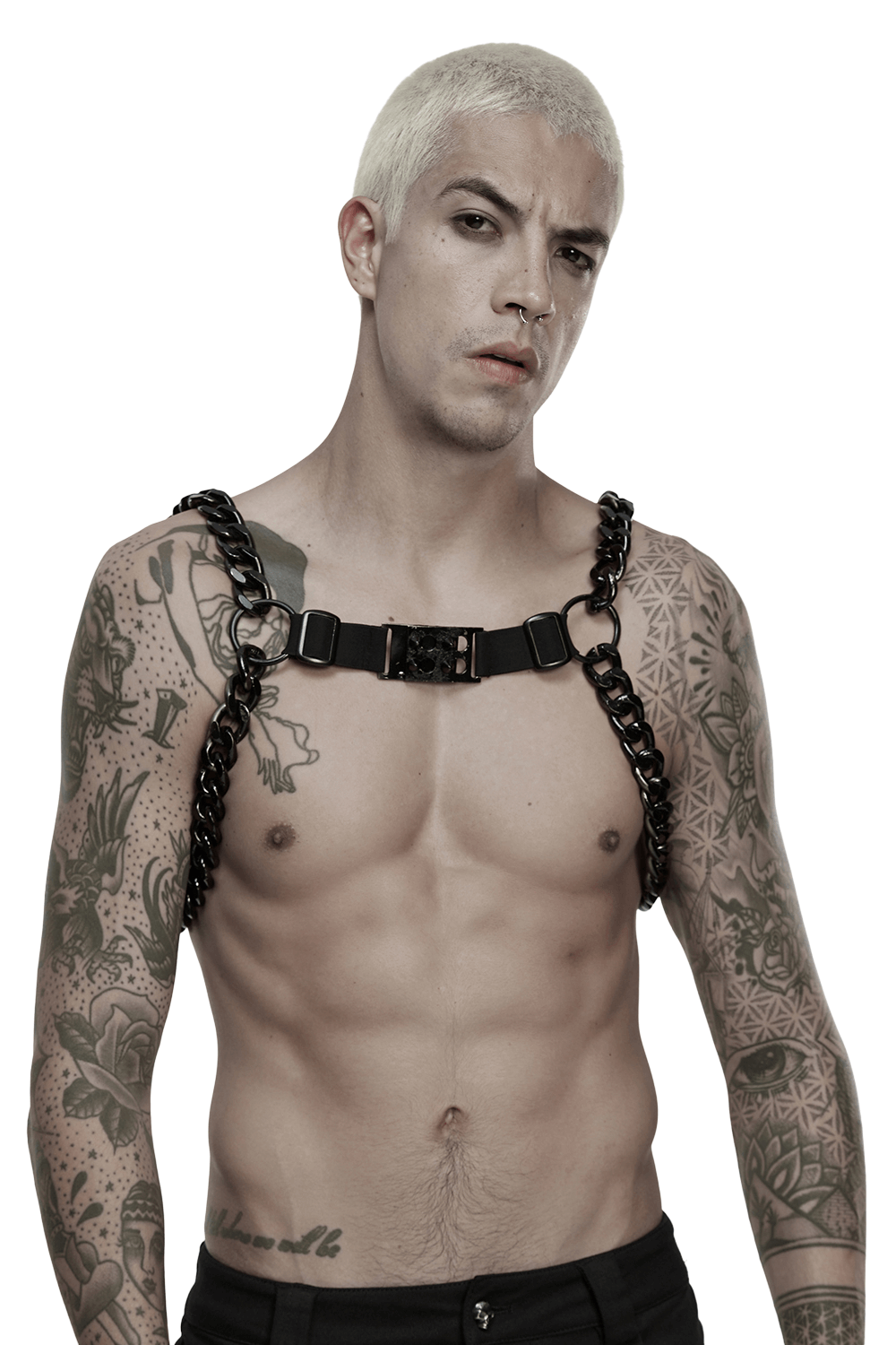 Punk Chain Harness with Adjustable Metal Buckle worn by model showcasing edgy style and bold design.