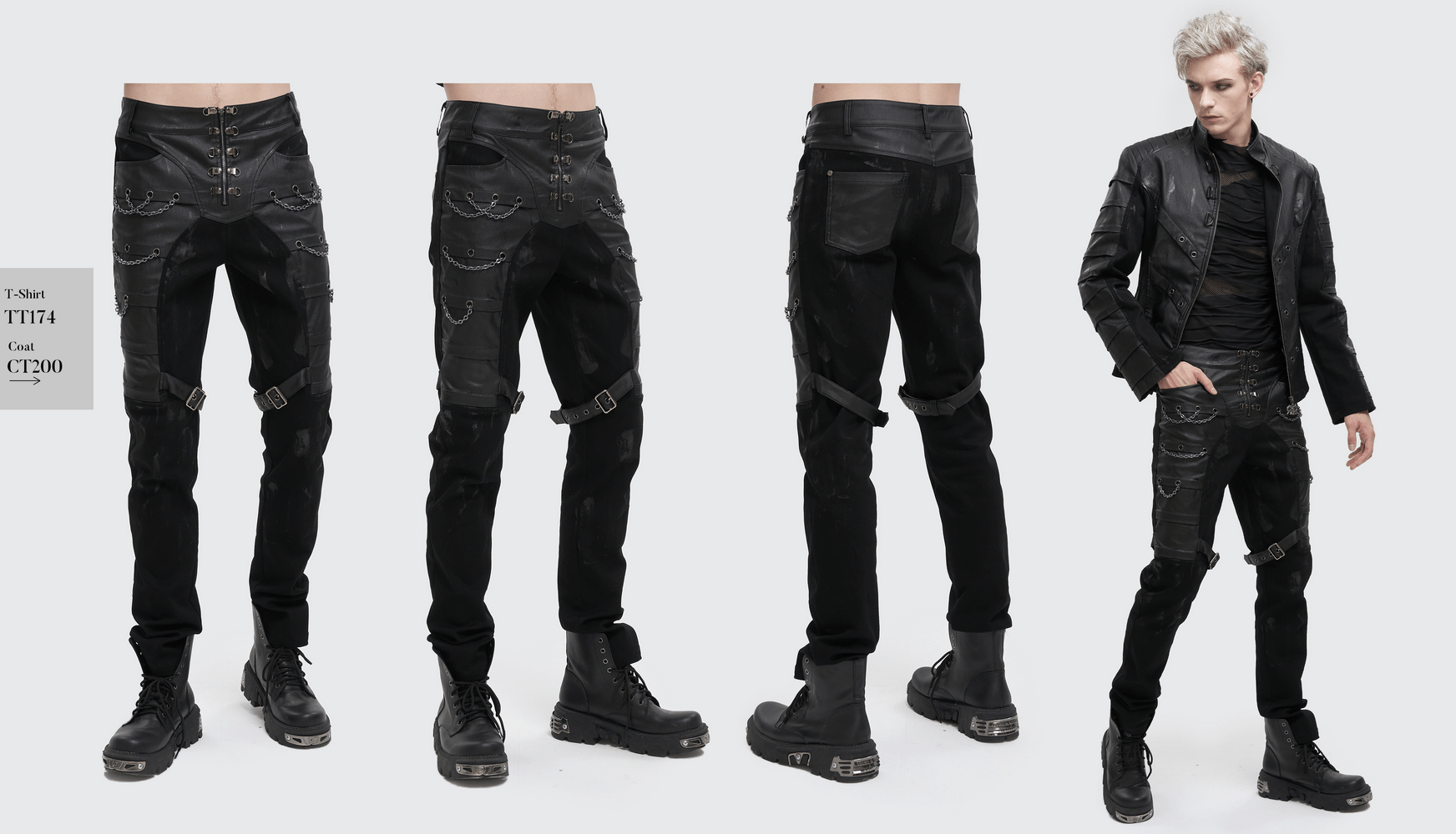 Men's black gothic fitted pants with buckles, ideal for punk style fashion. Stylishly showcased from multiple angles.