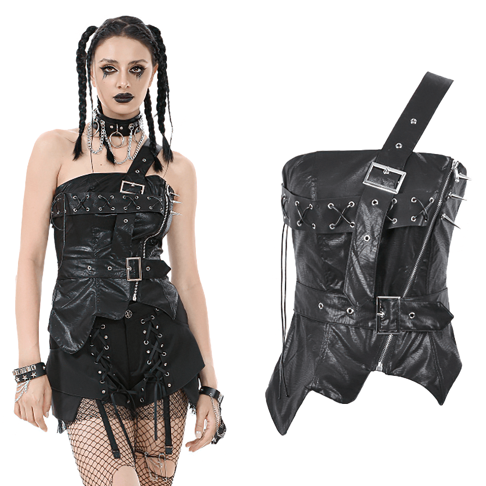 Punk corset top featuring spiked details, zipper closure, and edgy black design, perfect for a bold fashion statement.