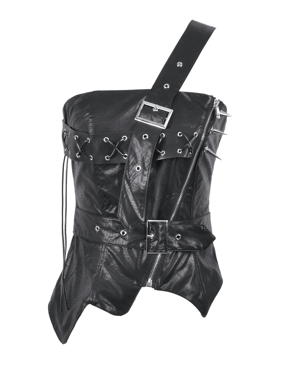 Punk corset top with spiked details and zipper closure, featuring edgy straps and a sleek black design.