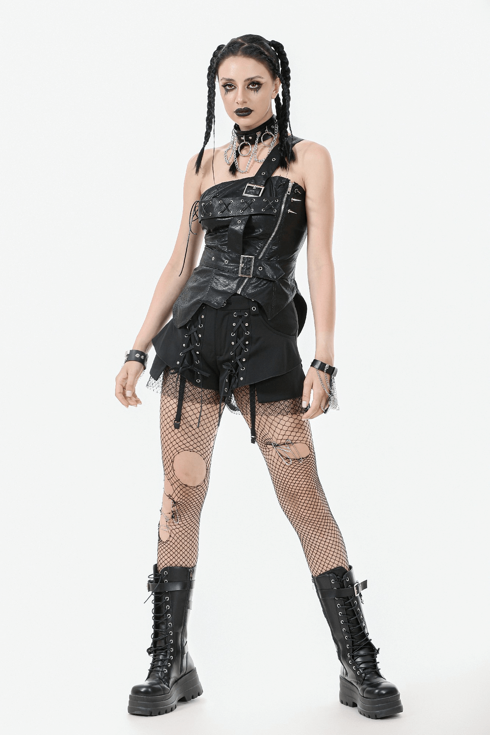 Punk corset top with spiked details, zipper closure, paired with fishnet tights and combat boots for a bold look.