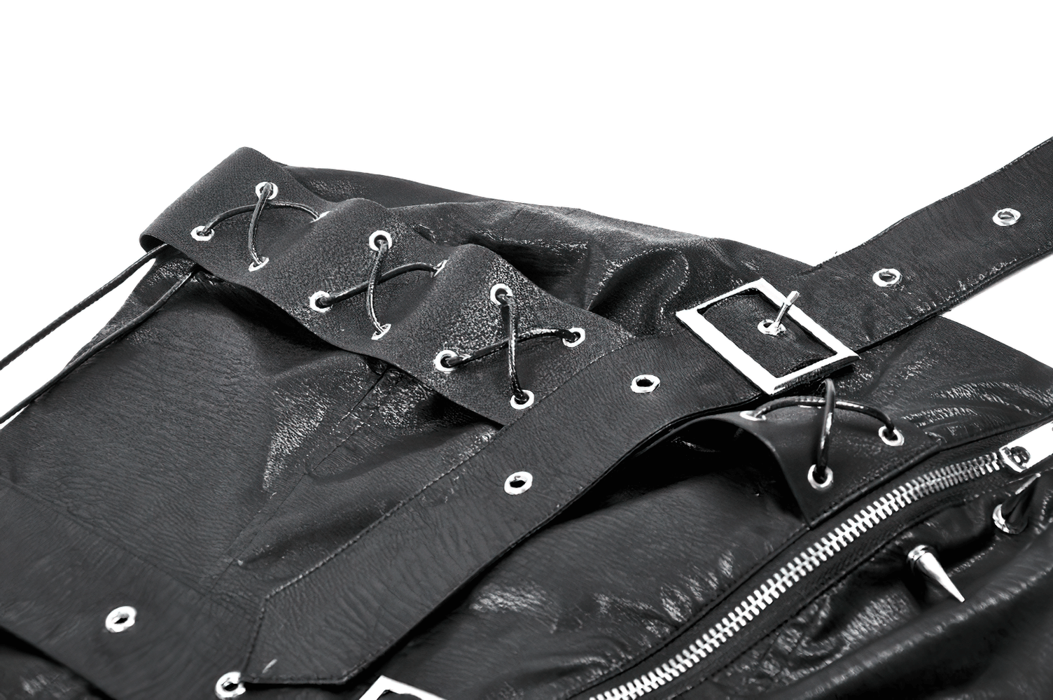 Close-up of a black punk corset top featuring spiked details and a zipper closure, showcasing lacing and buckle accents.