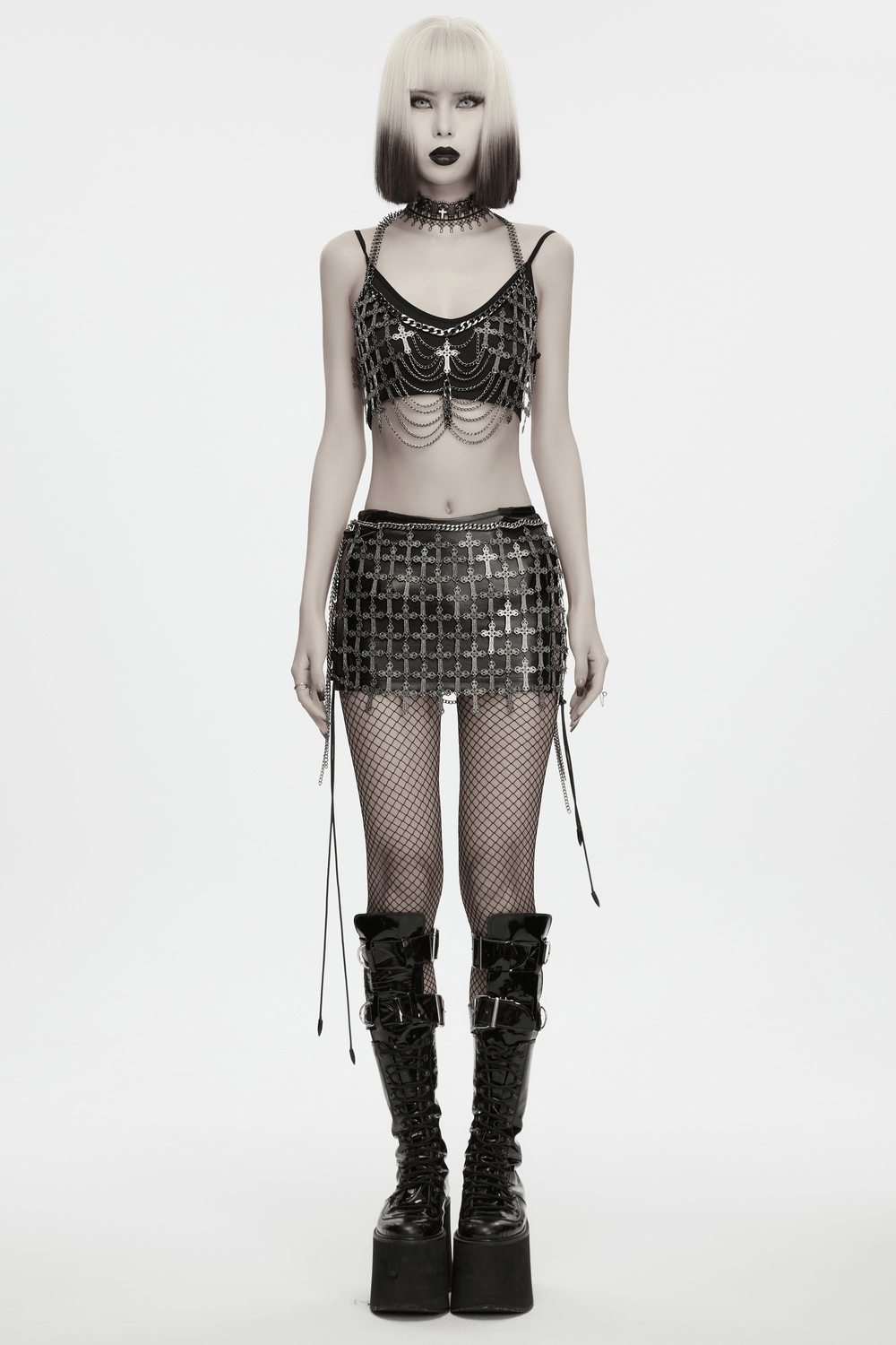 Punk Cross Cage Skirt with Vintage Metal Chain Details showcased in a striking gothic outfit with layered chains.