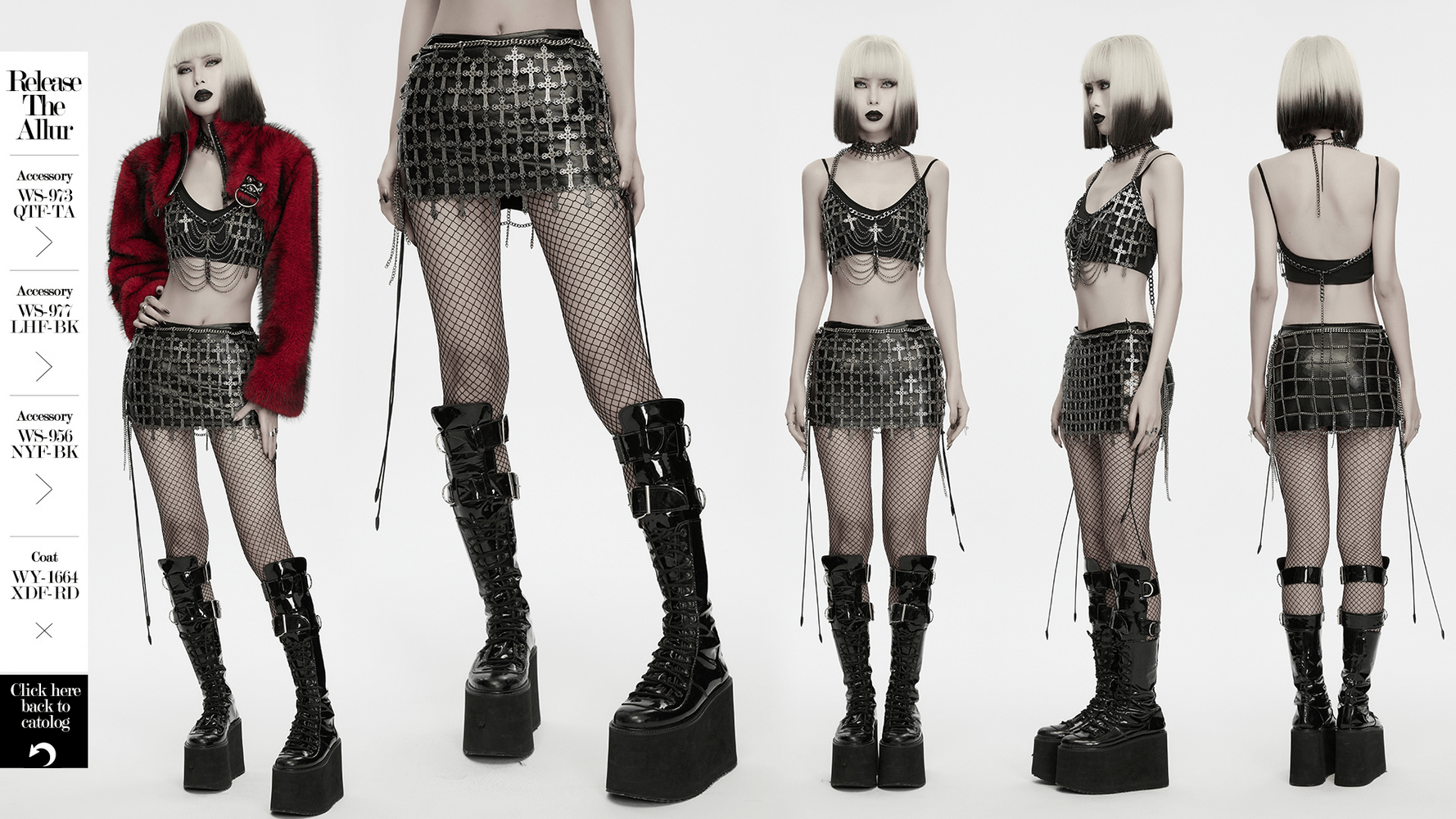Punk Cross Cage Skirt with Vintage Metal Chain Details showcased with edgy accessories and bold styling.