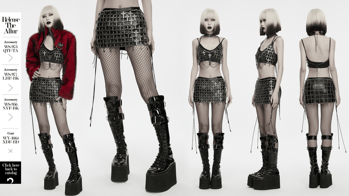 Punk Cross Cage Skirt with Vintage Metal Chain Details showcased with edgy accessories and bold styling.
