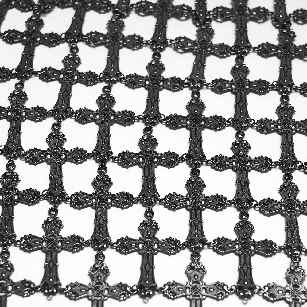 Punk Cross Cage Skirt with Vintage Metal Chain Details featuring linked vintage carved crosses in a striking pattern.