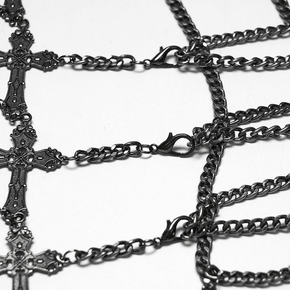 Punk Cross Cage Skirt with Vintage Metal Chain Details featuring gothic cross and layered metal chains.