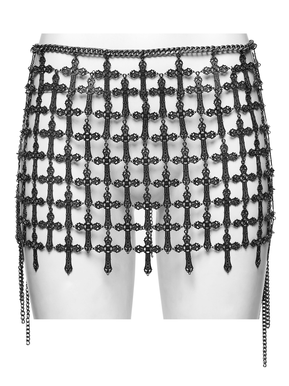 Punk Cross Cage Skirt with Vintage Metal Chain Details showcasing a striking cross design with layered metal links.