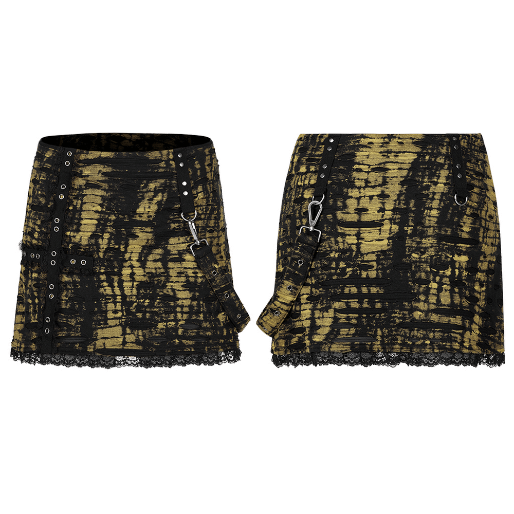 Gothic shredded mesh knit mini skirt in black and yellow with edgy design and distressed detailing.