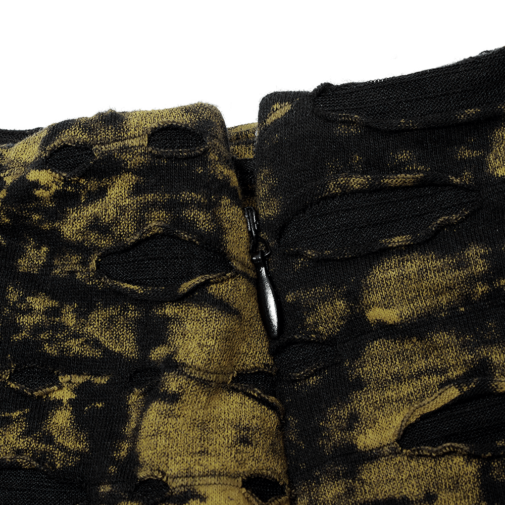 Gothic punk mini skirt featuring dark yellow distressed knit fabric and edgy broken hole design.