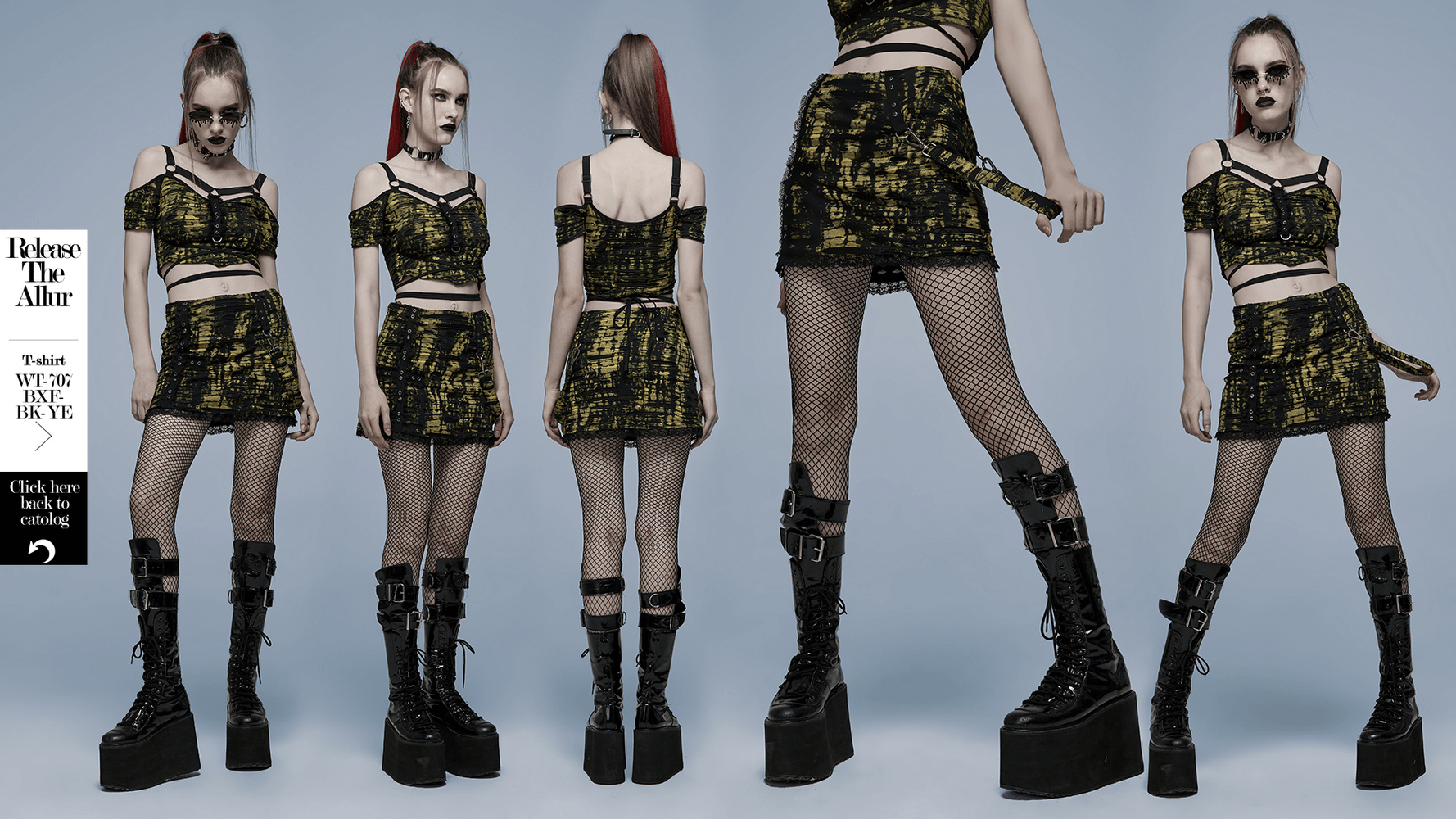 Punk Cross Dark Decadent Broken Hole Knit Mini Skirt with edgy model in platform boots and fishnets.