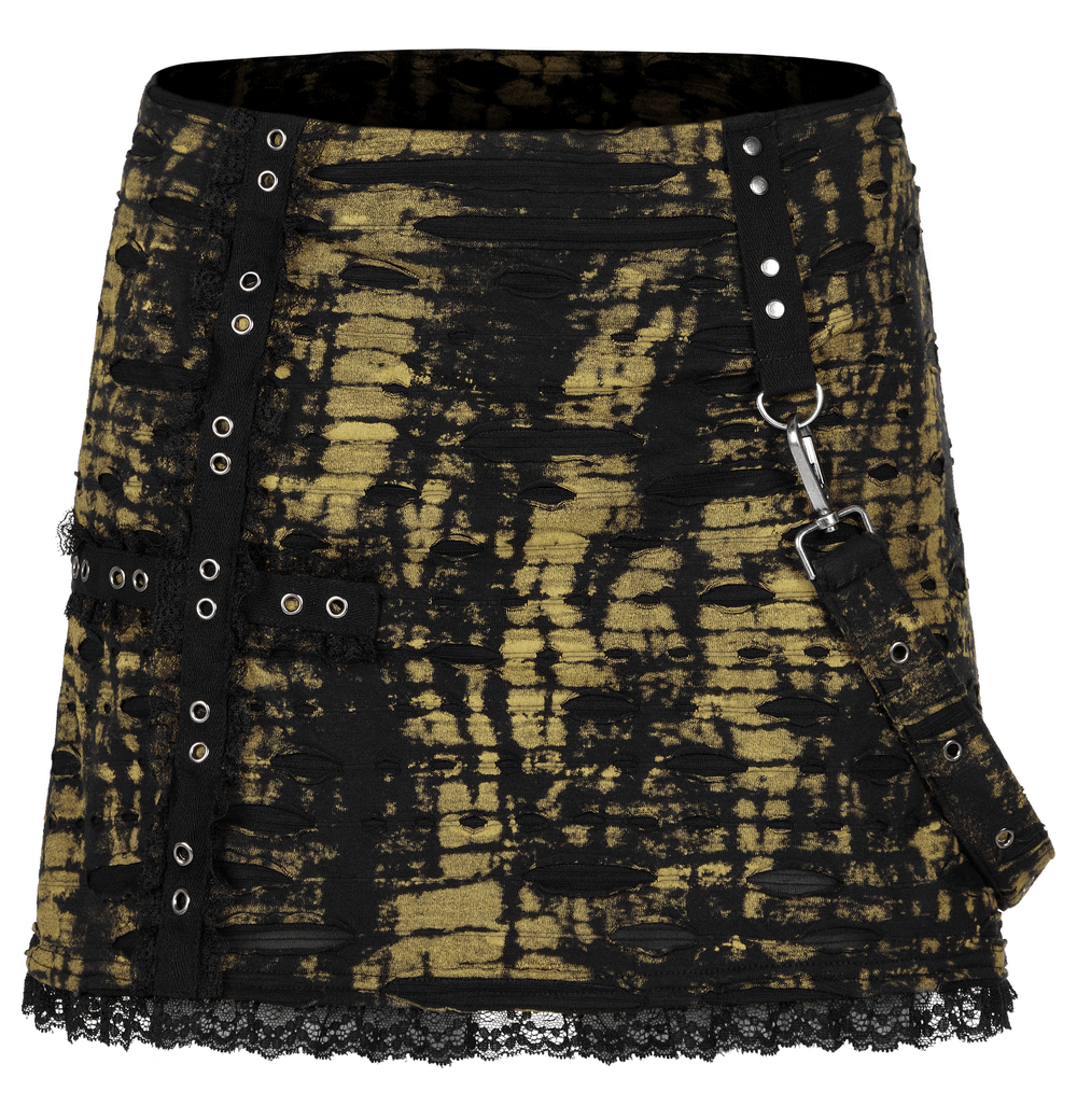 Gothic shredded knit mini skirt in black and yellow with deconstructed design and edgy detailing.