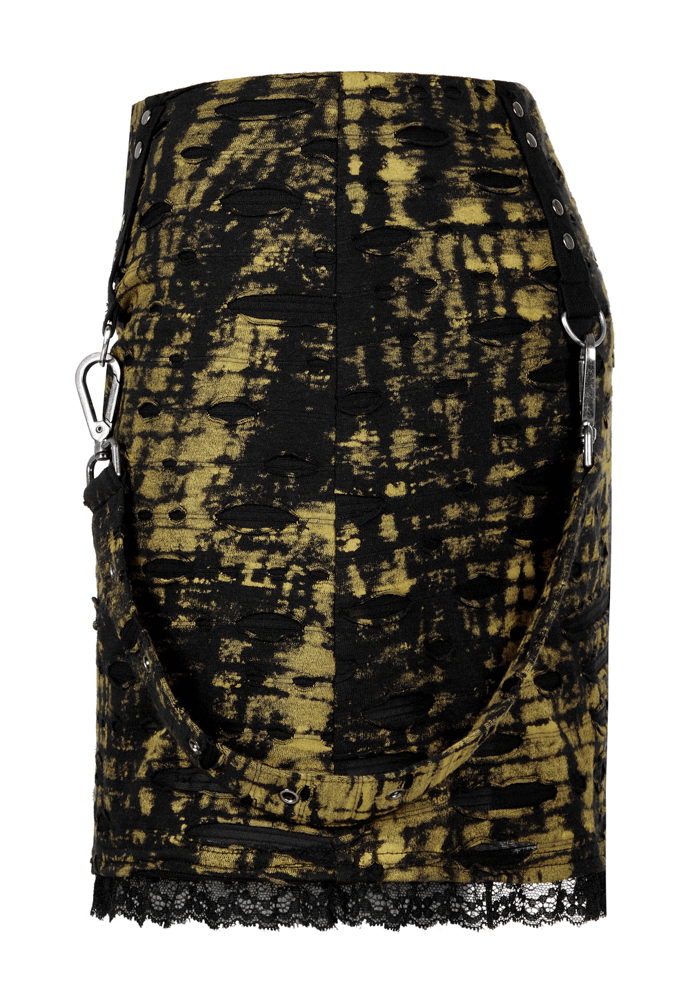 Punk cross dark knit mini skirt with edgy shredded mesh, black and yellow design, and lace trim detail.