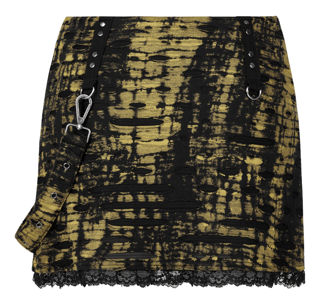 Gothic punk mini skirt in black and yellow with shredded details, cross design, and lace hem, perfect for edgy styling.