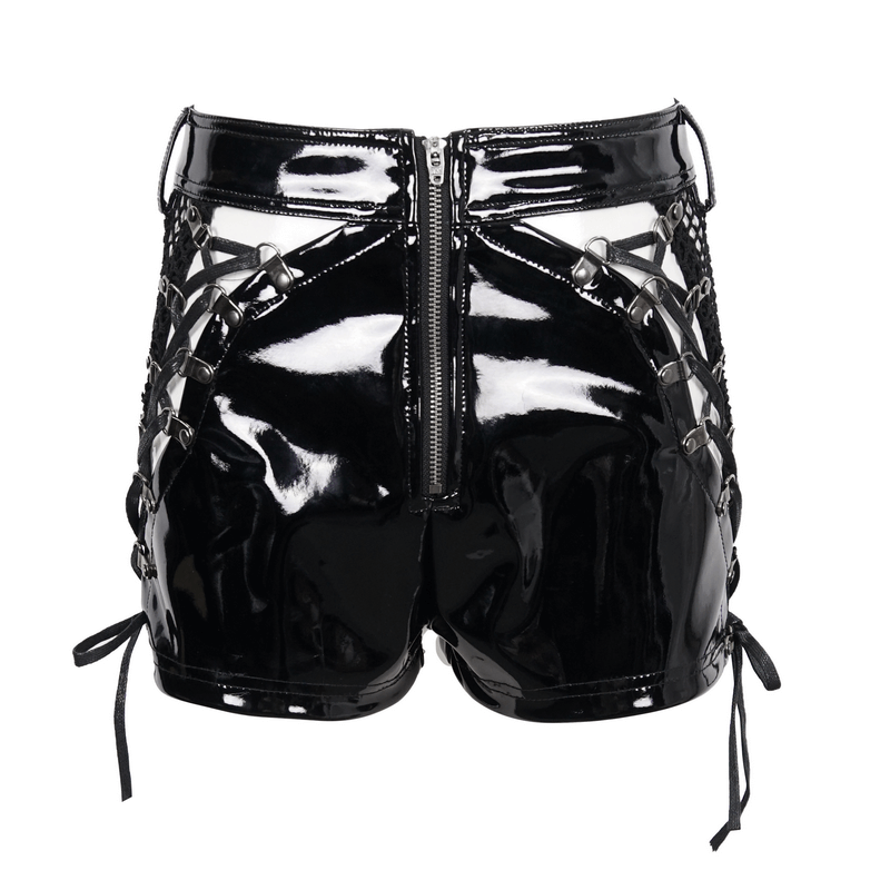 Back view of women's punk cut-out patent leather shorts with lace-up sides and functional zipper, showcasing bold style.
