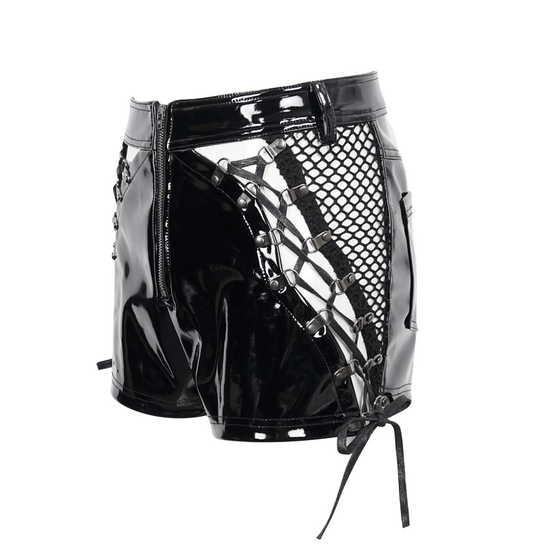 Punk cut-out patent leather shorts with lace-up sides and zipper, showcasing bold and sexy style.