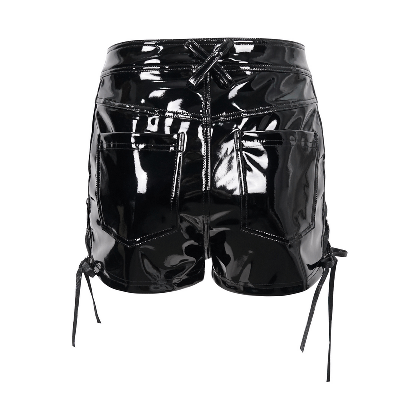 Back view of women's punk patent leather shorts with lace-up sides and shiny black finish.