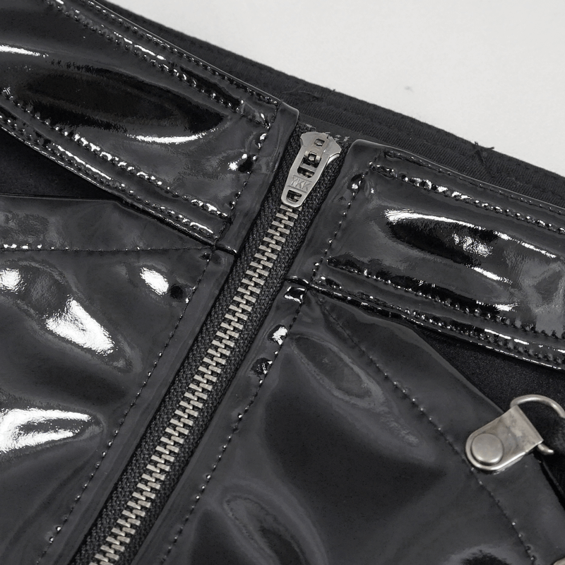 Close-up of punk patent leather shorts zipper detail showcasing glossy finish and lace-up sides for a bold style.