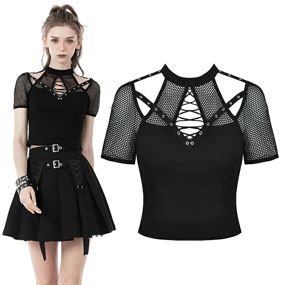 Edgy black crop top with mesh sleeves and lace-up front, perfect for a punk rock style or festival look.