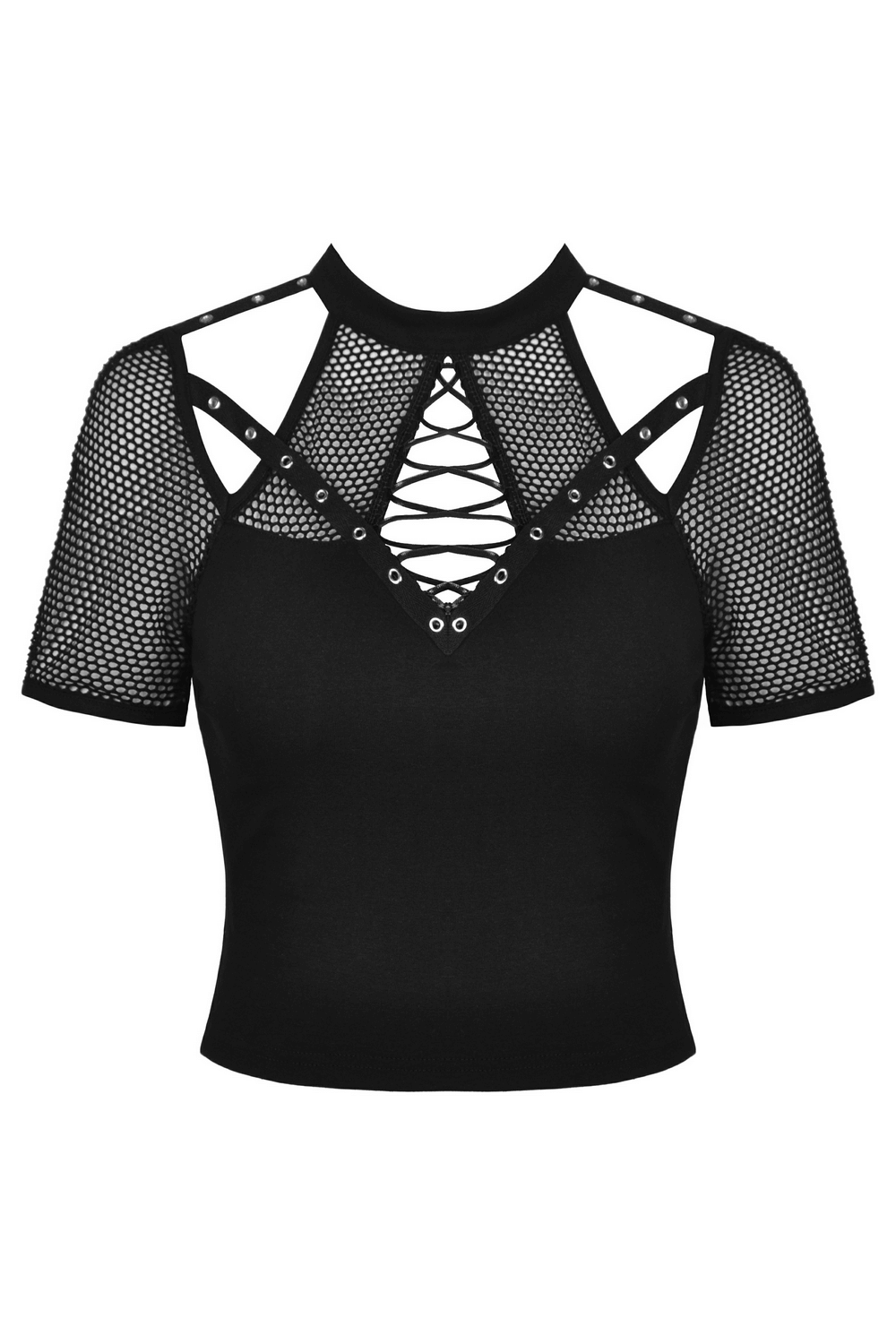 Edgy black punk T-shirt with mesh sleeves and lace-up front detail, perfect for a rebellious fashion statement.