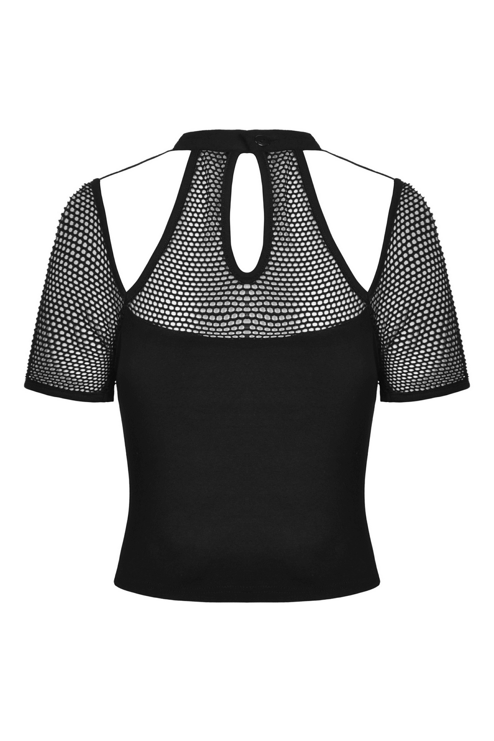 Back view of a black punk cutout T-shirt with mesh sleeves and keyhole design, perfect for edgy fashion enthusiasts.