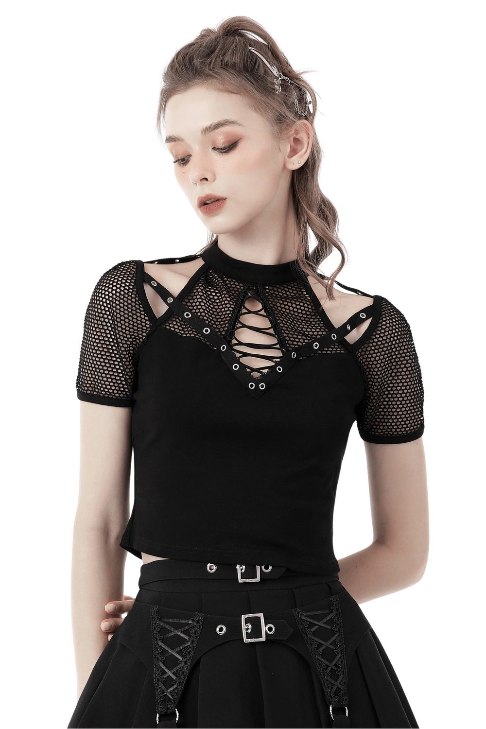 Edgy black Punk Cutout T-shirt with mesh sleeves and lace-up front, perfect for a rockstar look.