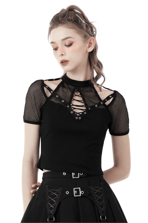 T-shirt punk découpé avec manches en maille et lacets sur le devant