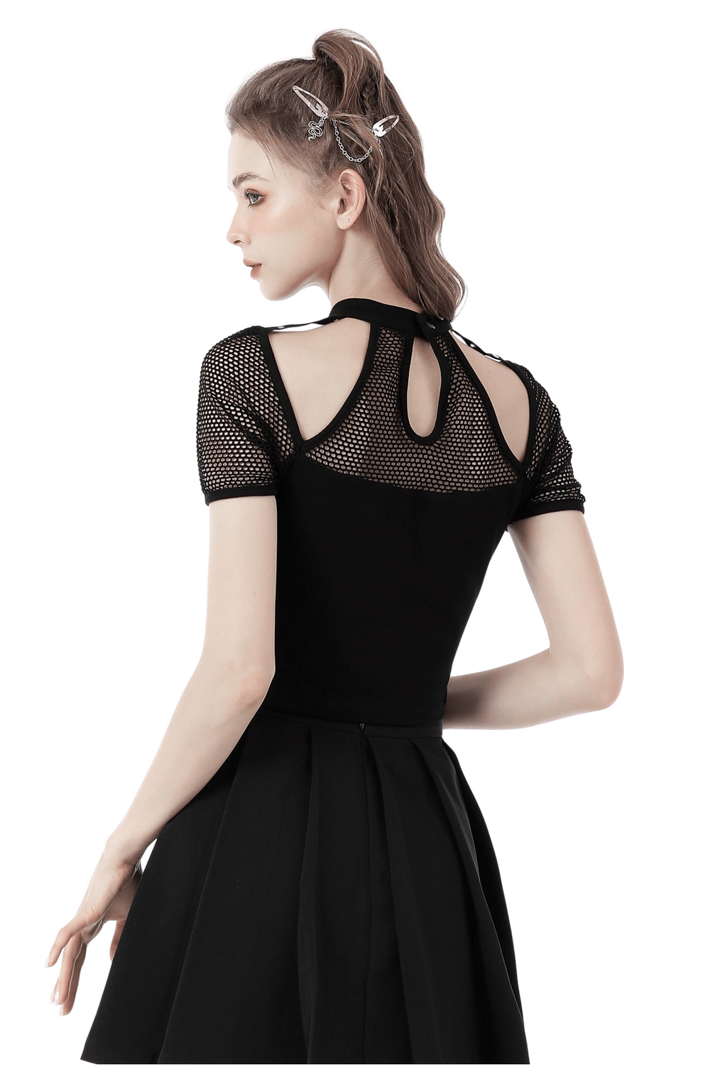 Back view of a punk cutout t-shirt with black mesh sleeves and lace-up detail, showcasing edgy style.