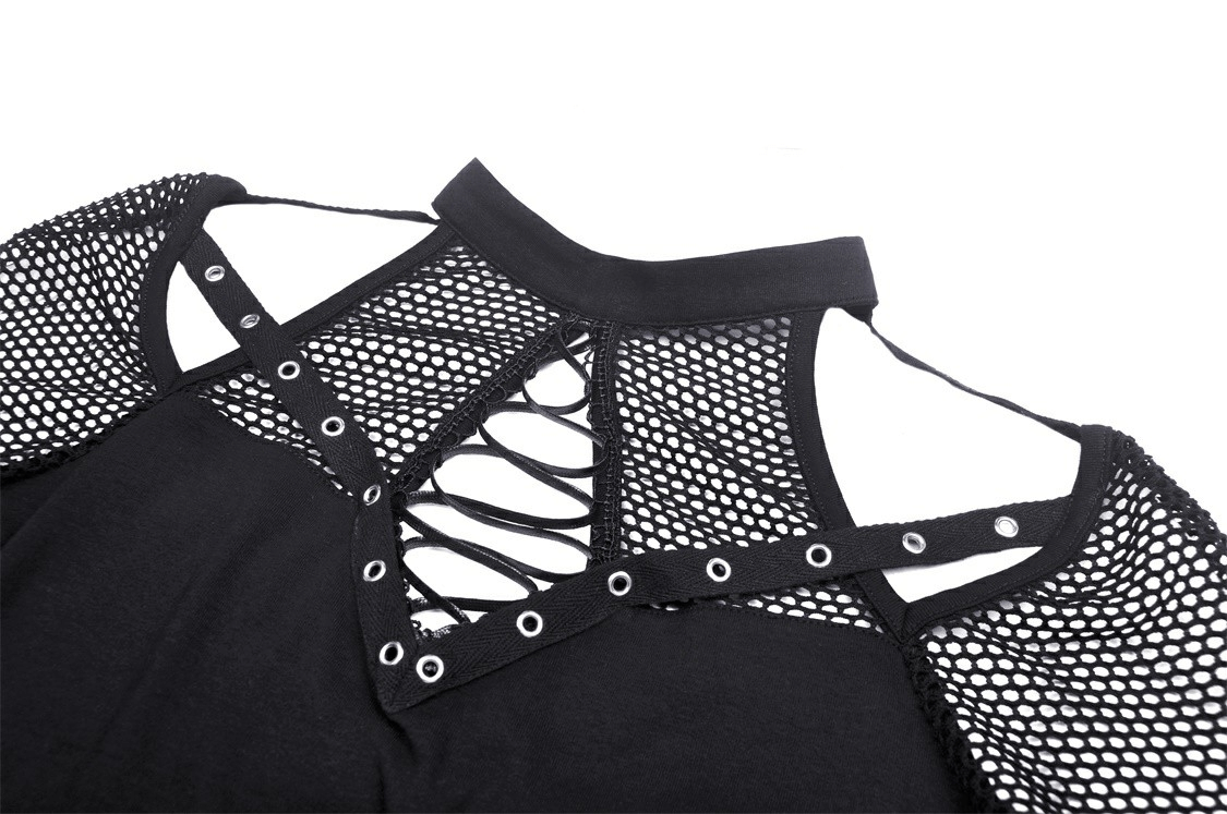 Punk Cutout T-shirt with Mesh Sleeves and Lace-Up Front