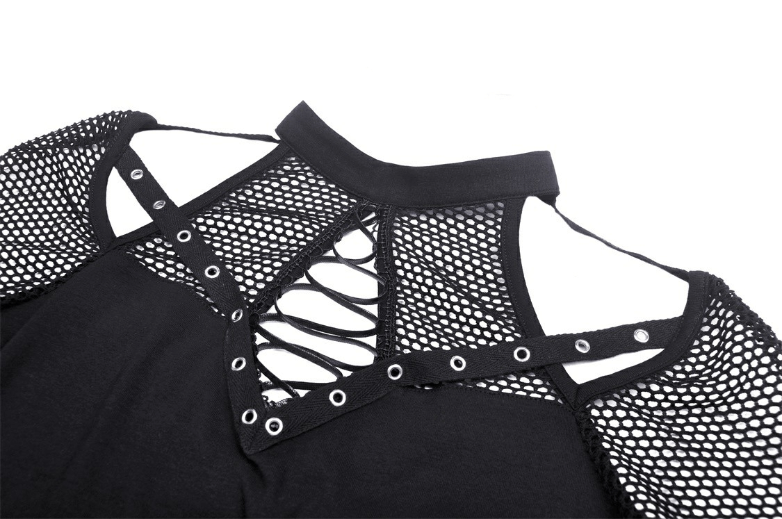 Close-up of Punk Cutout T-shirt showcasing black mesh sleeves and lace-up details for edgy fashion style.
