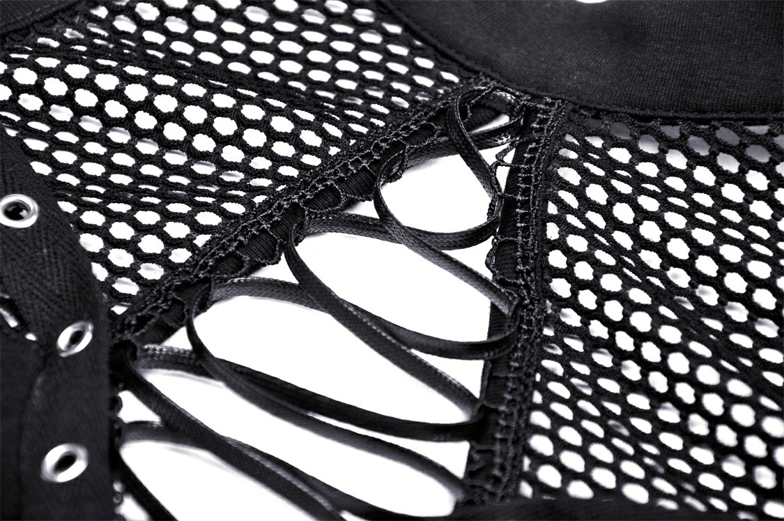 Close-up of black mesh detail and lace-up design on a punk cutout T-shirt for edgy fashion.