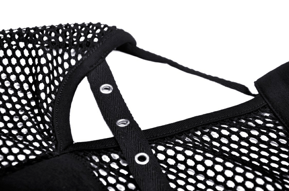 Close-up of black mesh fabric with lace-up detailing on a punk cutout T-shirt, showcasing edgy style and design.