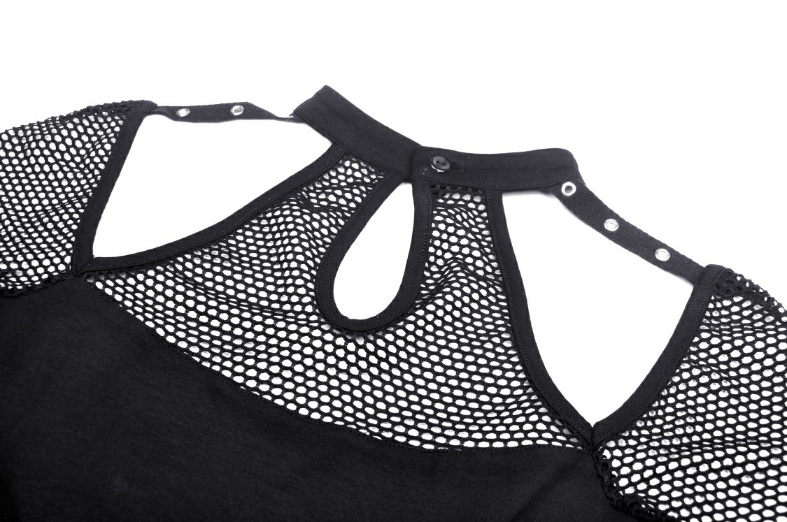 Close-up of punk cutout t-shirt featuring black mesh sleeves and lace-up front design for an edgy look.