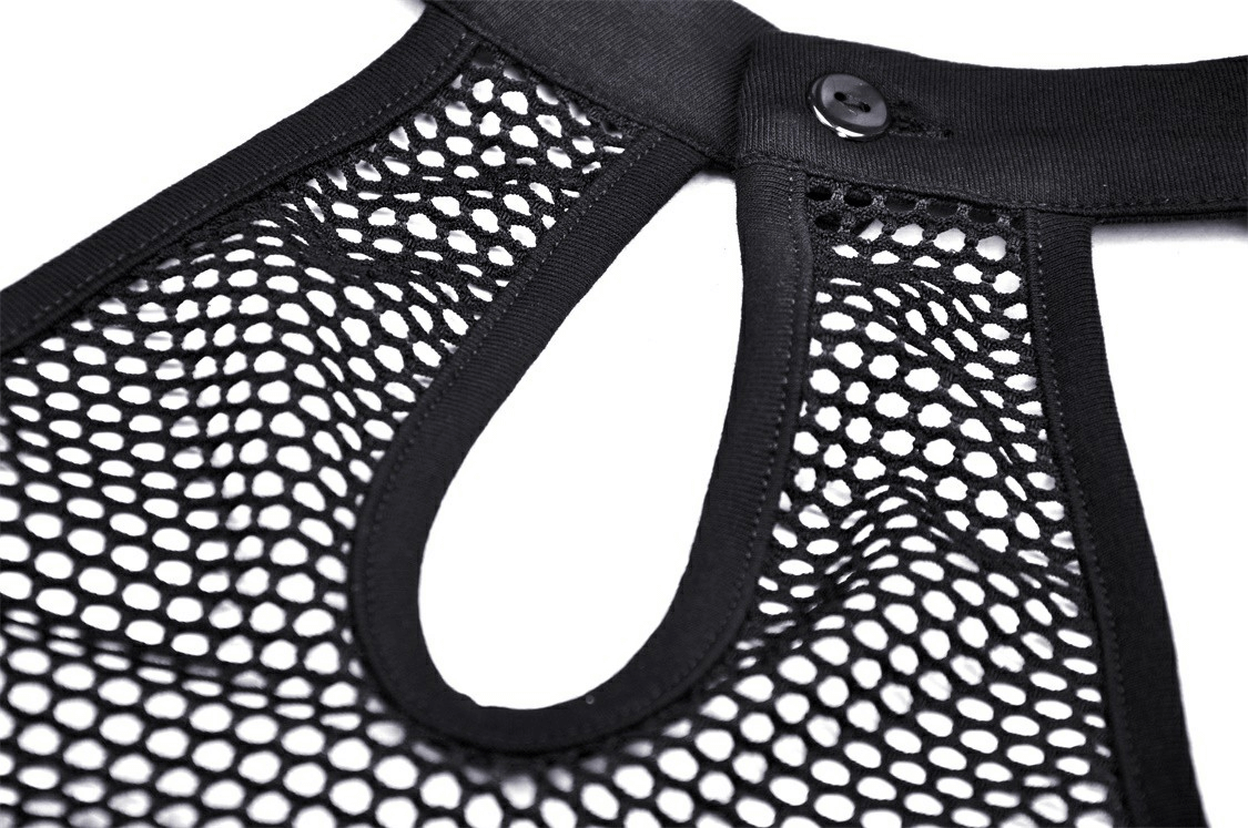 Close-up of black mesh fabric with cutout detail, showcasing edgy style for punk fashion enthusiasts.