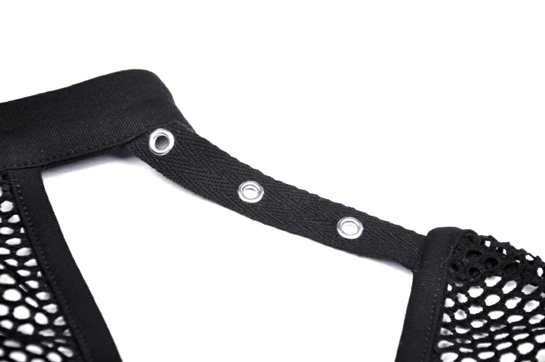 Close-up of black mesh fabric and lace-up detailing on punk cutout t-shirt, showcasing edgy design elements.