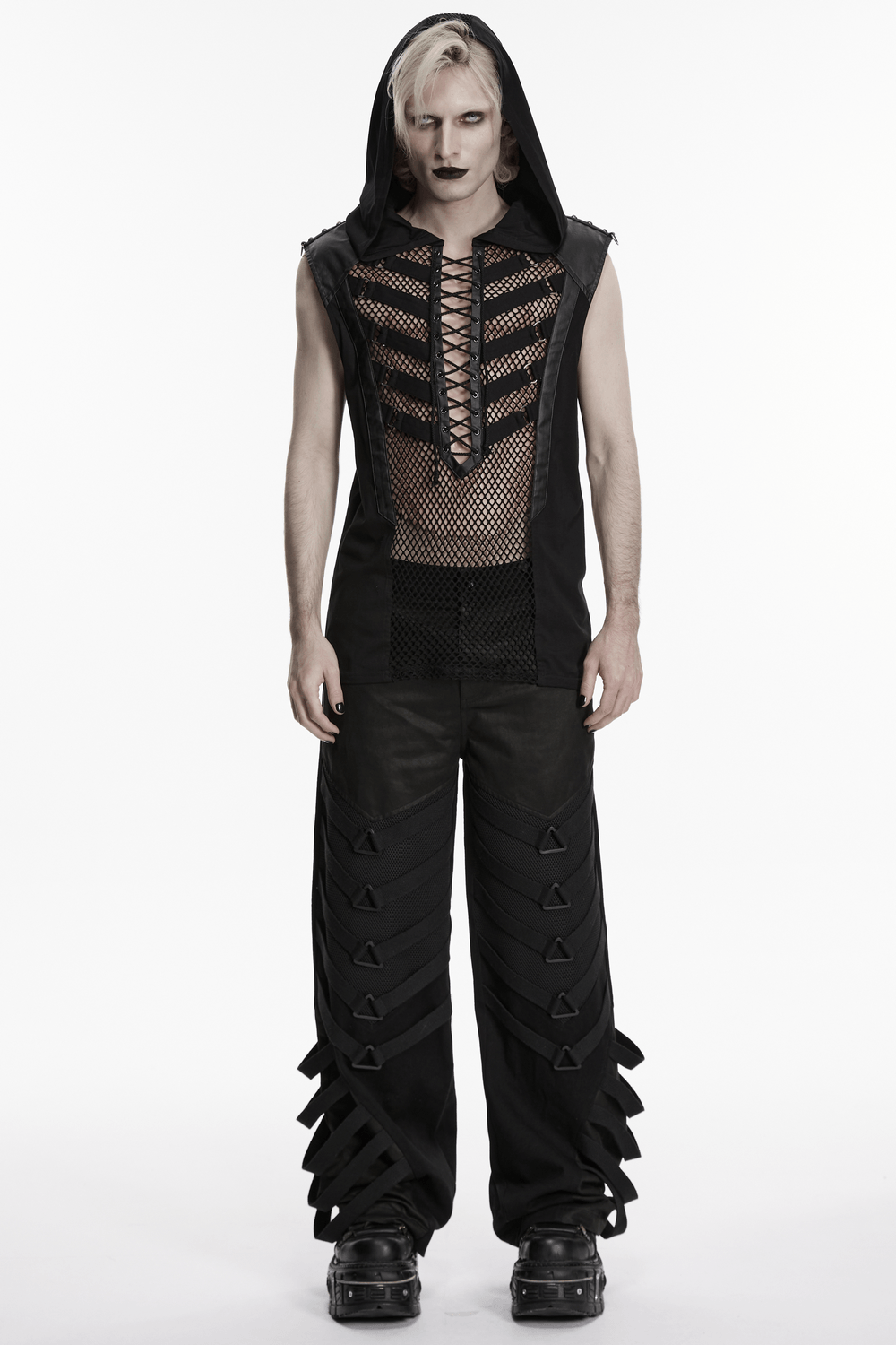Punk Dark Wide Leg Pants with Utility Webbing for Men