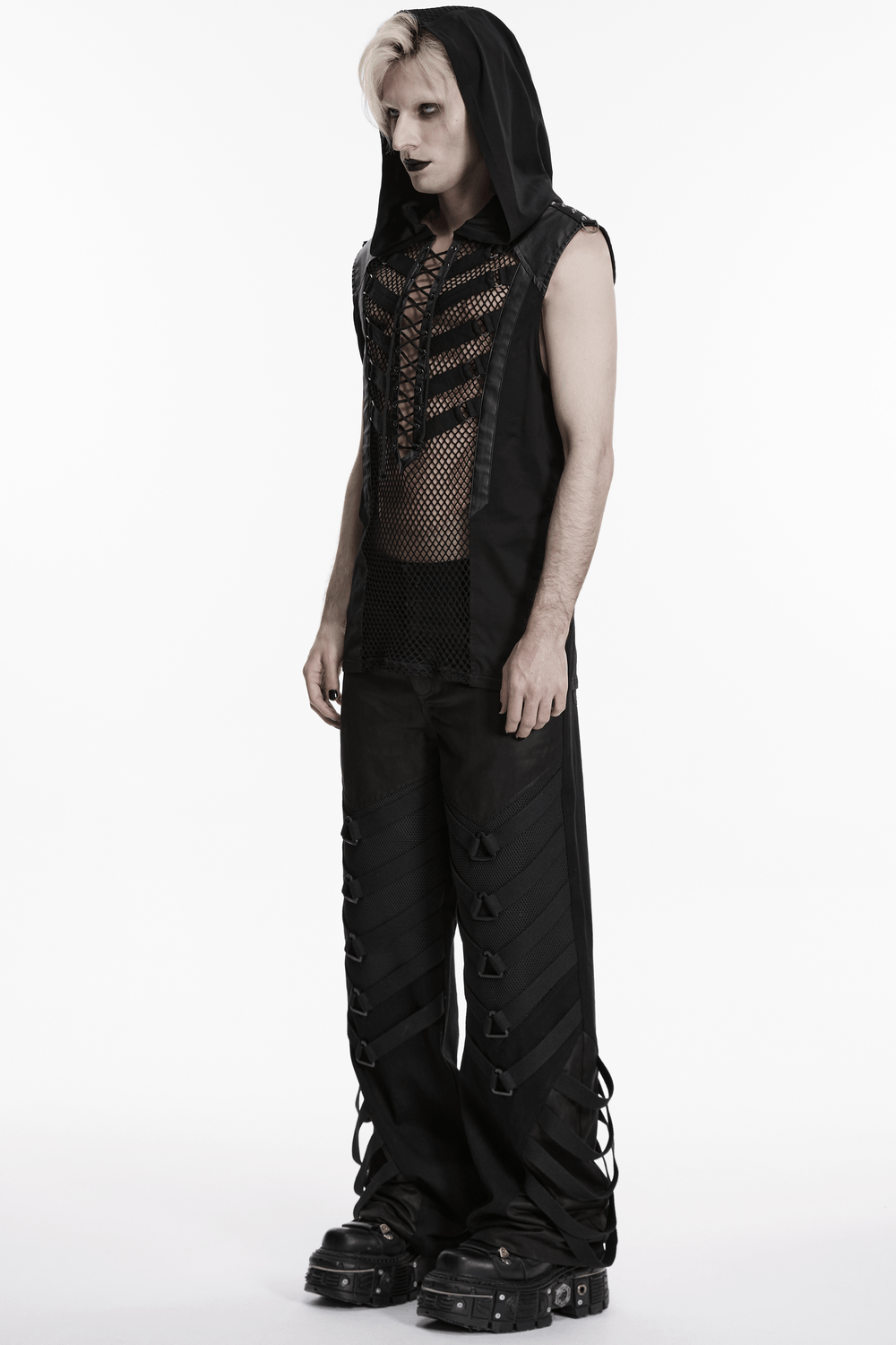 Punk Dark Wide Leg Pants with Utility Webbing for Men